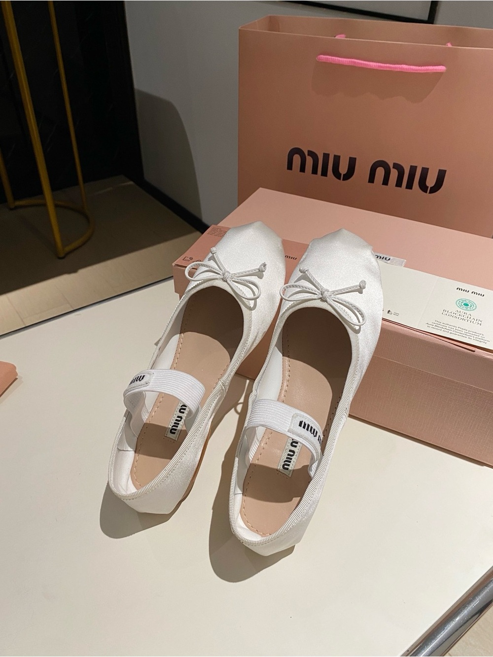 Miu Miu White Satin Ballet Flats with Logo Elastic Strap and Bow - Picture 6 of 6